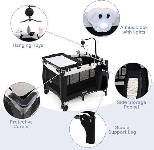Miniatura 4 de INFANS 3 en 1 Pack and Play, cuna portátil de viaje para bebé con colchón desmontable, cambiador para recién nacidos, corralito plegable con bolsa