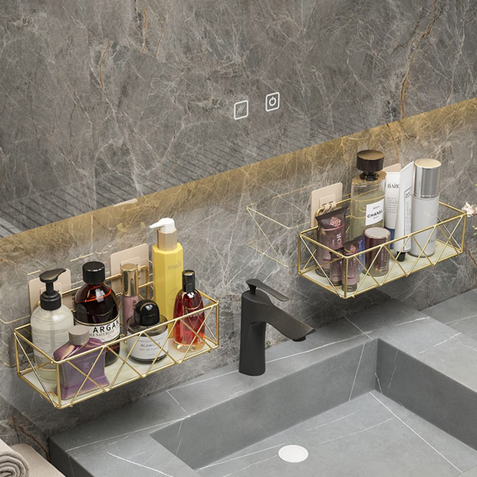 Étagère de salle de bain suspendue murale compacte métal doré