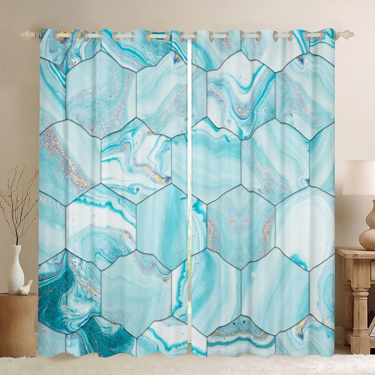 Blue Marble Curtains & Drapes Boys Girls Geometry Abstract Art Blackout Curtains Beehive Marbling Honeycomb Curtains Kids Watercolor Geometric Ink Fluid Window Curtains 52''Wx84''L