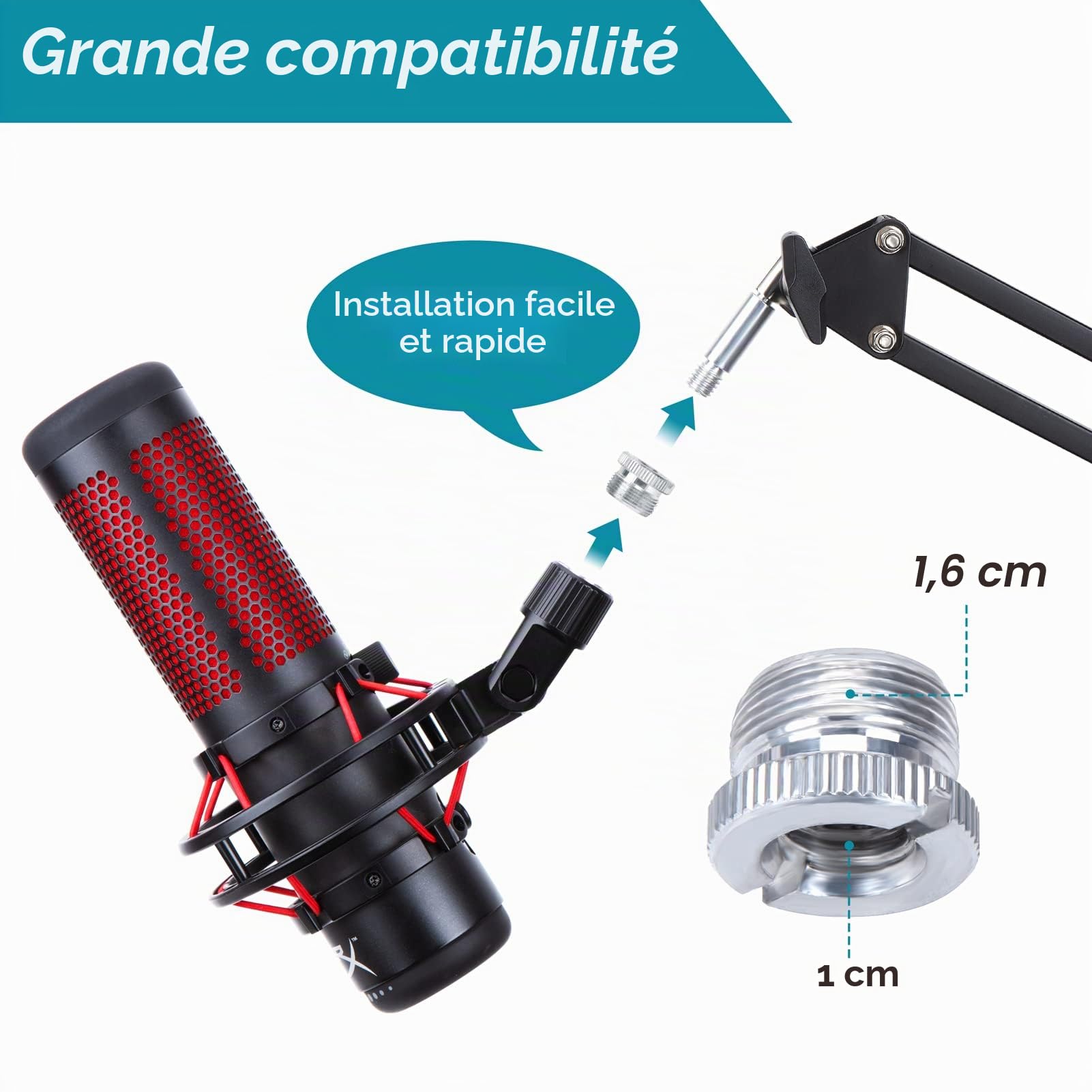 YOUSHARES HyperX Quadcast Perche de Microphone, Réglable Pied de Quadcast Support de Suspension à Ciseaux Micro, Support de Microphone avec Pince de Bureau Fixation & Montage Mural