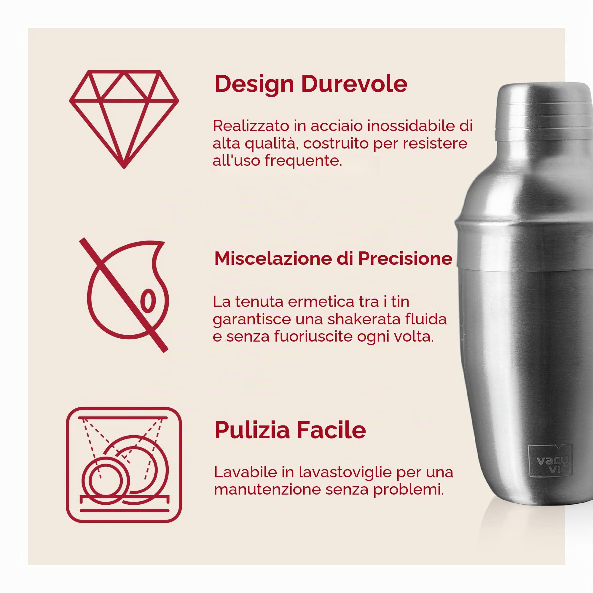 Vacu Vin Set da cocktail Plus – Kit da barista con strumenti in acciaio inox – Include shaker, misurino, pestello, colino, versatore, setaccio e cucchiaio da bar – Lavabile in lavastoviglie