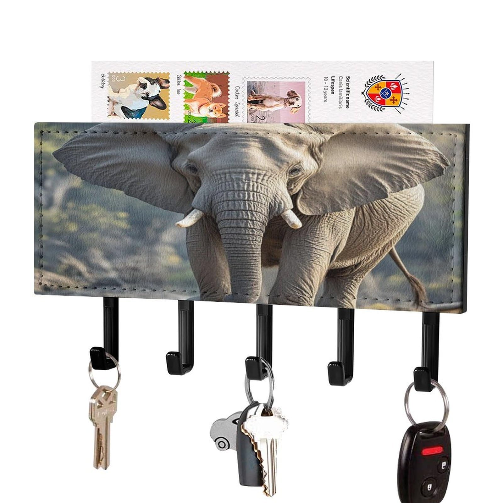 Fekiloot Black-Style Elephant Key Holder Wall Mount Key And Mail Holder Key Hanger With 5 Hooks Decorative Pu Key Rack Hanging Key Hooks For Wall Living Room Kitchen Bathroom Hallway