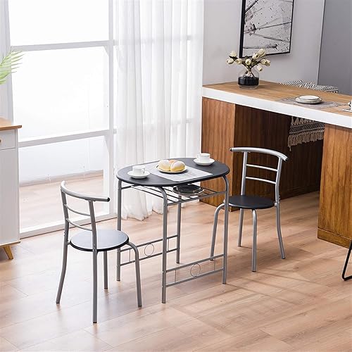 Miniatura 7 de Vasitelan Juego de mesa redonda y silla de madera de 3 piezas para cocina, comedor, espacio compacto con marco de acero, estante de vino incorporado