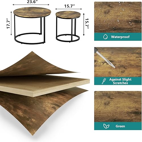 Miniatura 44 de Smuxee Juego de 2 mesas auxiliares anidadas, mesa auxiliar redonda de 23.6 pulgadas, parte superior de grano de madera con patas antideslizantes