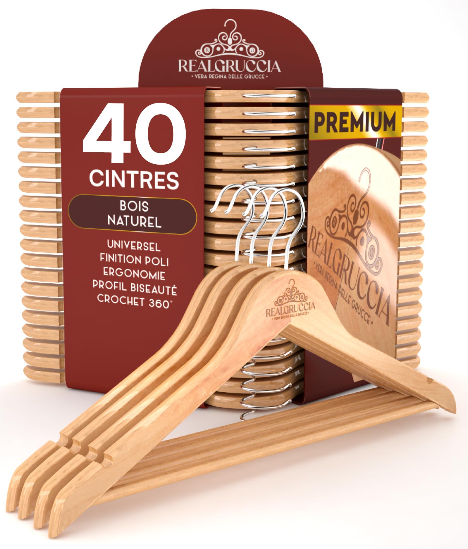 40 Cintres en Bois Adulte pour Chemises Pantalons et Vêtements - RealGruccia Cintre Couleur Bois Naturel avec Barre et Encoches Antidérapantes Crochet Pivotant et Profil Biseauté - 22x45cm