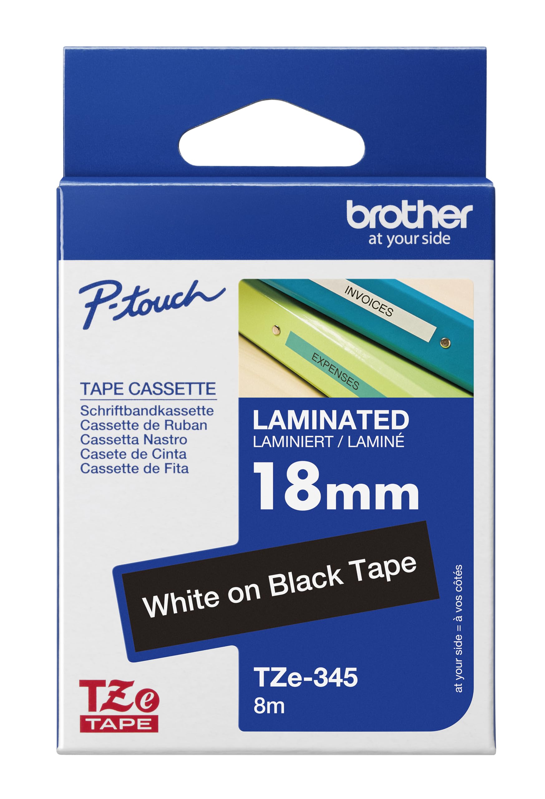 Brother TZe-345 | Ruban original Laminé | 18 mm | Blanc sur fond Noir | 8M
