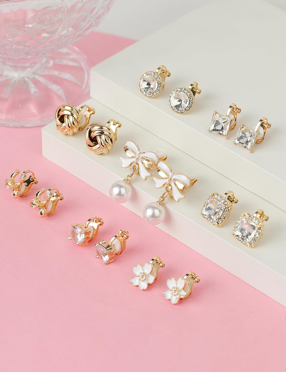 Gold Clip on Earrings Women 8 Pair Fake Earrings Non Pierced - Bow Cubic Zirconia Pearl Round Rhinestone Flower Non Pierced Earrings Silver Gold Clip Halo Earrings Clip-On Earrings Fake Earring Set - Image 3