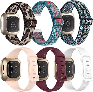 ODENOI(3+3) Pack Sport Band Compatible for Fitbit Versa 4/Versa 3/ Fitbit Sense 2/Sense Bands Women Men,Soft Silicone Wristband&Adjustable Stretchy Solo Loop Elastic Strap for SmartWatch Replacement