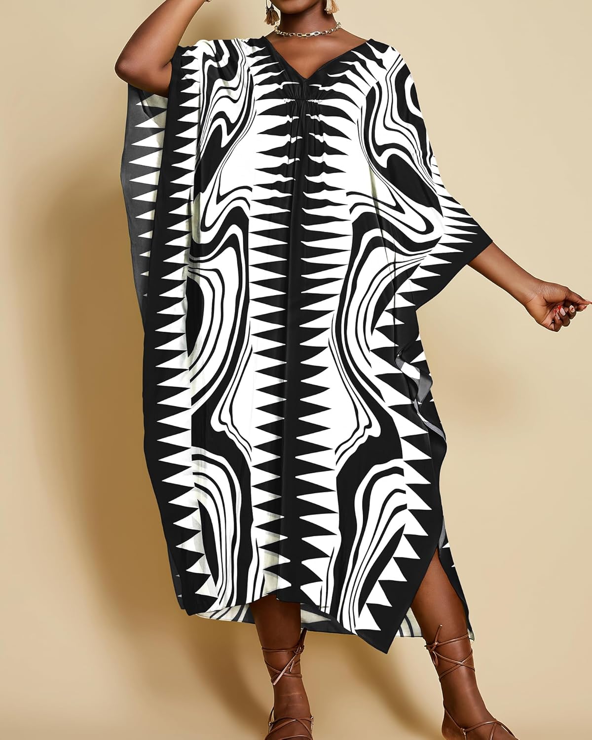 Bsubseach Kaftan Dresses for Women Geometric Print Caftan Long Beach Swimsuit Cover Up Loungewear Dress - Image 2