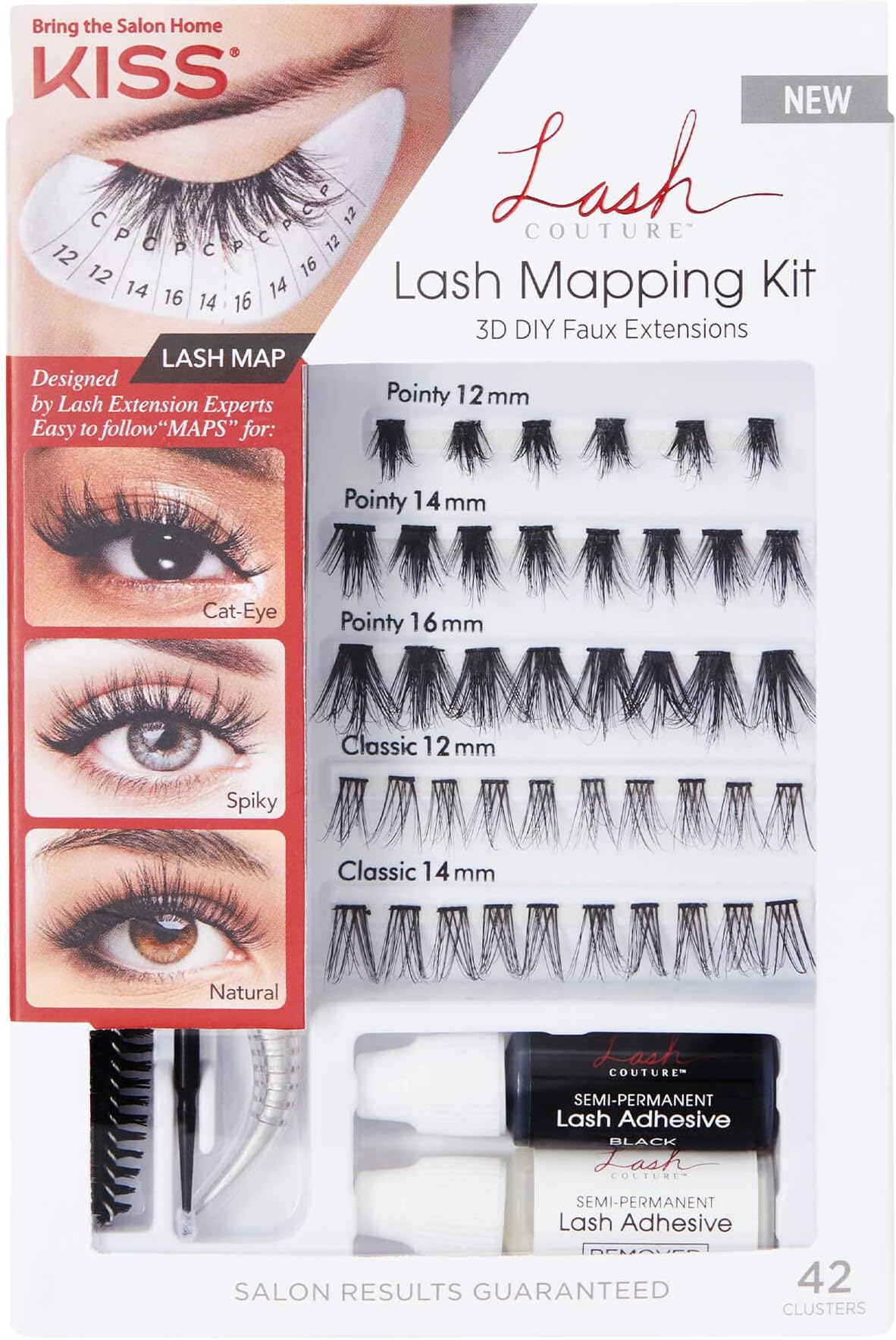 KISS Lash Couture Lash Mapping Kit with 3 Mapping Stickers, Semi-Permanent Lash Adhesive, Adhesive Remover, Tweezers, Spoolie, Micro Brush, and 42 Lash Clusters,21 Pair (Pack of 1)