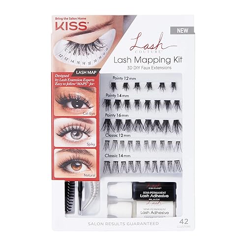 KISS Lash Couture Lash Mapping Kit with 3 Mapping Stickers, Semi-Permanent Lash Adhesive, Adhesive Remover, Tweezers, Spoolie, Micro Brush, and 42 Lash Clusters,21 Pair (Pack of 1) - Mapping Kit