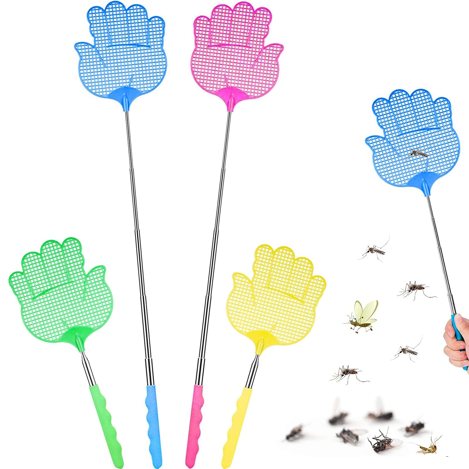 4Pezzi Scacciamosche Estensibile,Paletta Mosche,Portatile Scacciamosche Plastica,Scacciamosche Manuale con Flessibile Durevole Maniglia Telescopica in Acciaio Inox per Casa Mosche Zanzare Insetti