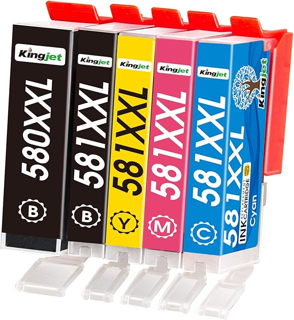 KINGJET 580 & 581 Ink Cartridges Multipack Compatible for Canon 580XXL 581XXL XXL for Pixma TS8250 TS8150 TS8350 TS6350 TS705 TR8550 TS6150 TS6250 TS6151 (PGBK Black Cyan Magenta Yellow, 5-Pack)