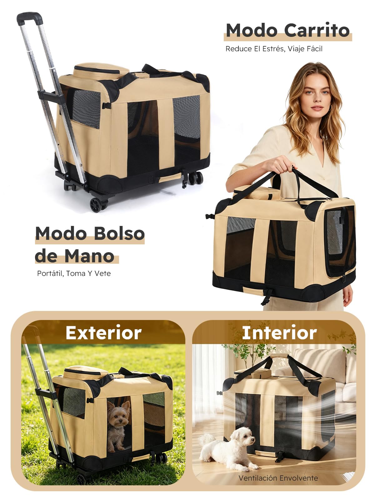PETCUTE Transportín Plegable para Perros y Gatos Pequeños,60 x 42 x 42cm,Bolsa Transporte Transpirable para Mascotas,Tela Oxford,Transportín Perro Gato con Asas y Bolsillo de Almacenamiento,Caqui