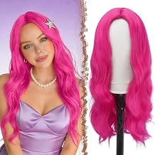 FESHFEN Long Pink Wigs for Women, 24 inch Middle Parting Synthetic Wavy Wig for Daily Party, Hot Pink