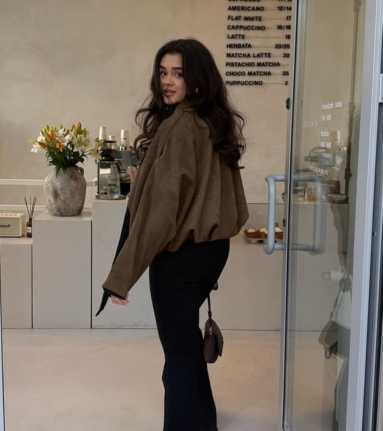 Bnigung Womens Faux Suede Bomber Jacket Casual Lapel Pilot Cropped Coat Oversized Motorcycle Jackets 2025 Outerwear - Image 3