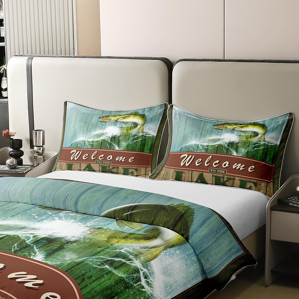 Erosebridal Set Biancheria Letto 7 Pezzi Bambini Con Pesci Luccio – Stile Vintage Caccia/pesca – Queen/King/Matrimoniale