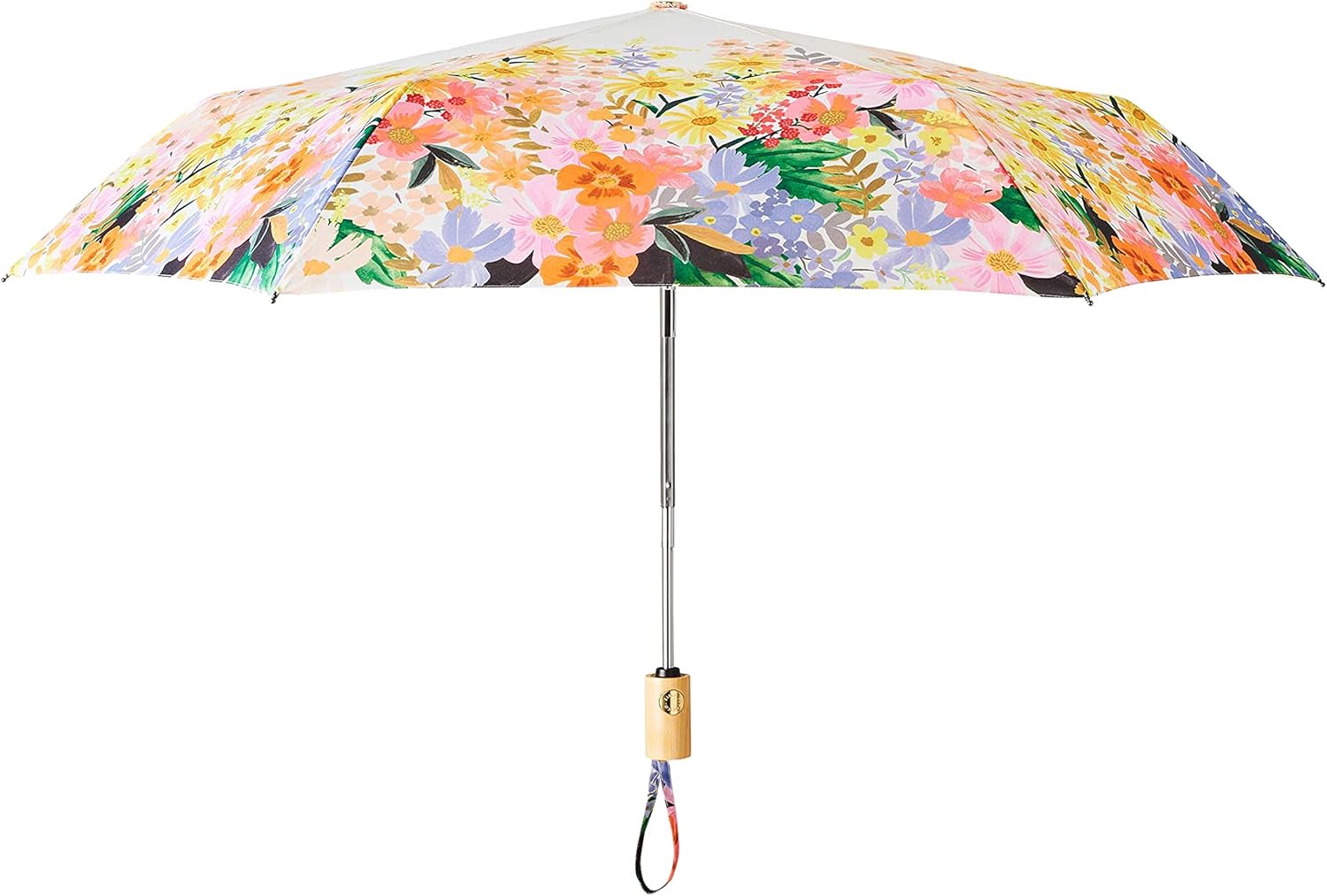 RIFLE PAPER CO. Umbrella | Matching Storage Sleeve, Portable Fold Up Size, Auto Open and Close, Wooden Handle, 43" Open Diameter, Printed in Full Color (11⅛" Closed Length), Marguerite