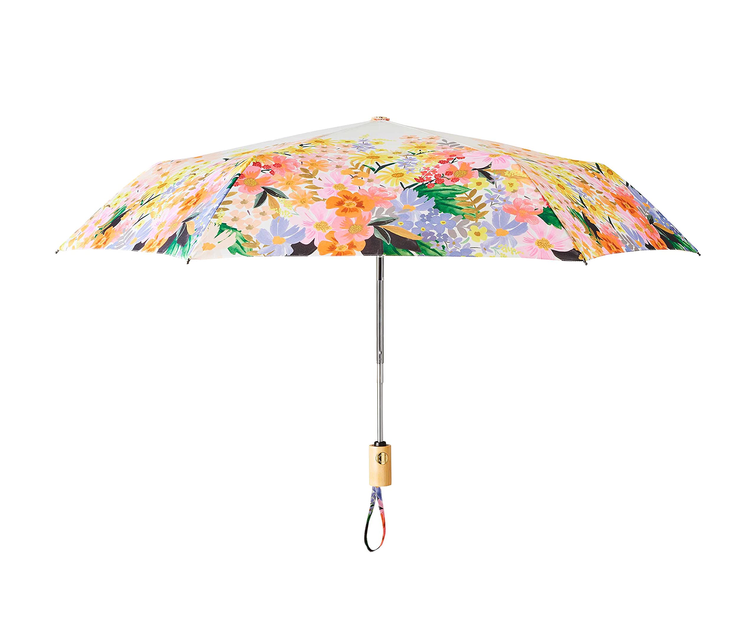 RIFLE PAPER CO. Umbrella | Matching Storage Sleeve, Portable Fold Up Size, Auto Open and Close, Wooden Handle, 43" Open Diameter, Printed in Full