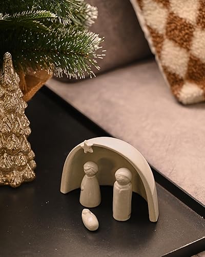 Miniatura 3 de WONDROUS' DECO Juego de belenes de porcelana, mini figuras de cerámica de la Santa Familia, pequeños adornos modernos para decoración de interiores