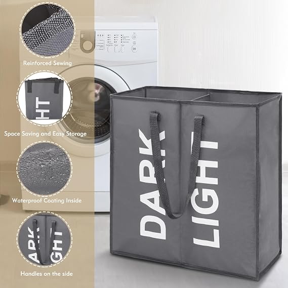 Maxsilan 63L Laundry Basket with 2 Sections, Collapsible Clothes Bag, Grey | Collapsible double washing basket for sorting dirty garments easily, foldable laundry hamper for family use