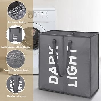 Maxsilan 63L Laundry Basket with 2 Sections, Collapsible Clothes Bag, Grey | Collapsible double washing basket for sorting dirty garments easily, foldable laundry hamper for family use