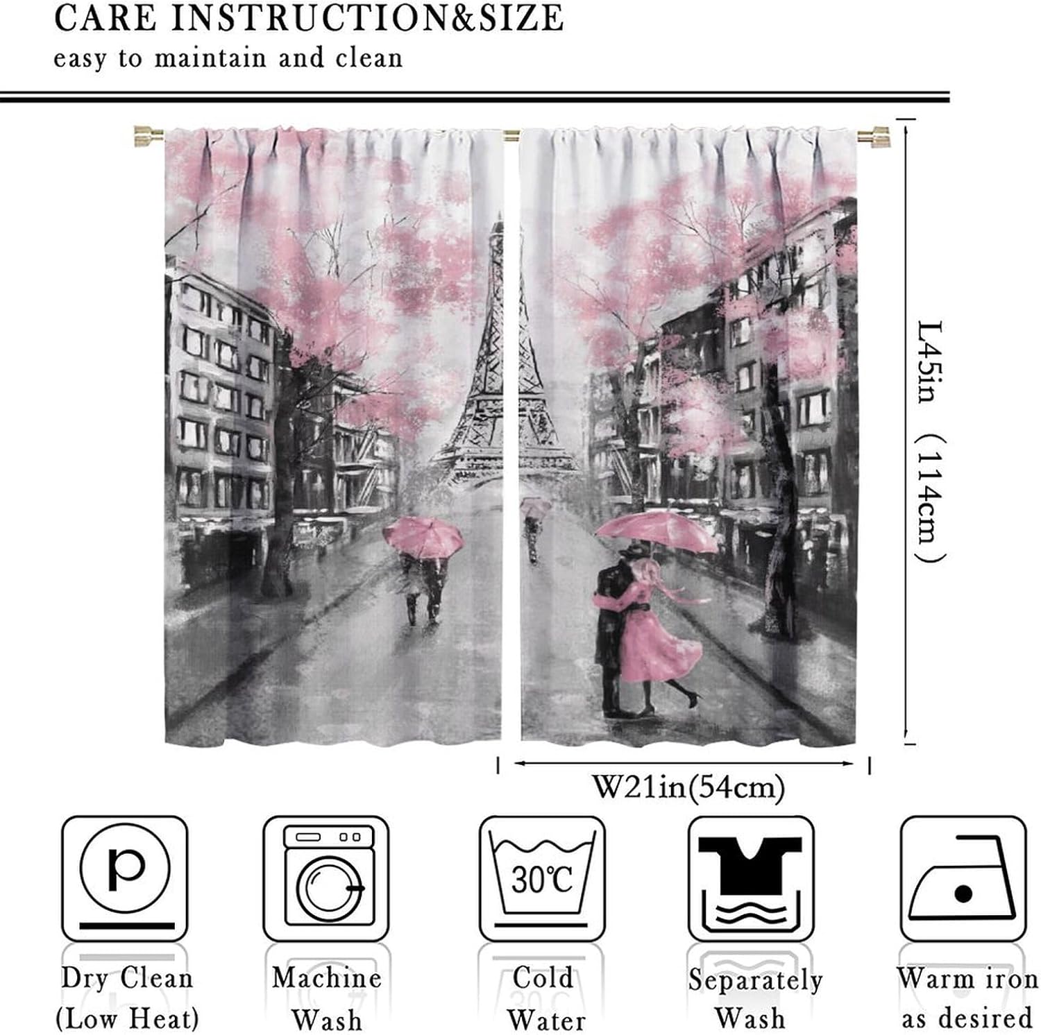 Eiffel Tower Blackout Curtain,Oil Painting Style Pink Paris Tower Couple Pattern Window Treatments 2 Panels Drapes for Bedroom Living Room Kitchen Decor 42x45in