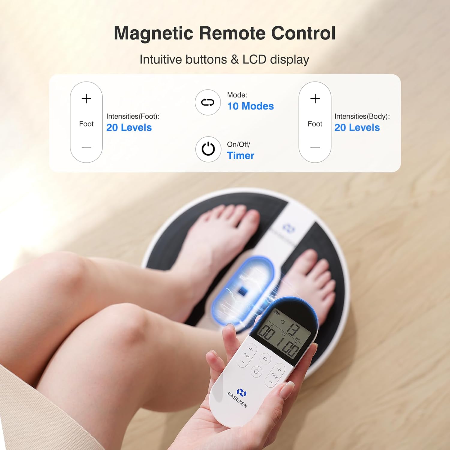 EaseZen EMS Foot Massager for Neuropathy, Rechargeable TENS & EMS Foot Circulation Stimulator for Pain Relief, 10 Modes & 20 Intensities, 2 Body Pads, Relieve Swelling, Cramps, RLS