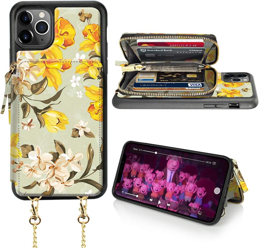 LAMEEKU iPhone 11 Pro Max Wallet Case, iPhone 11 Pro Max Floral Flower Design Leather Card Slot Case with Crossbody Strap, Protective Shockproof Cover for iPhone 11 Pro Max 6.5''-Canna