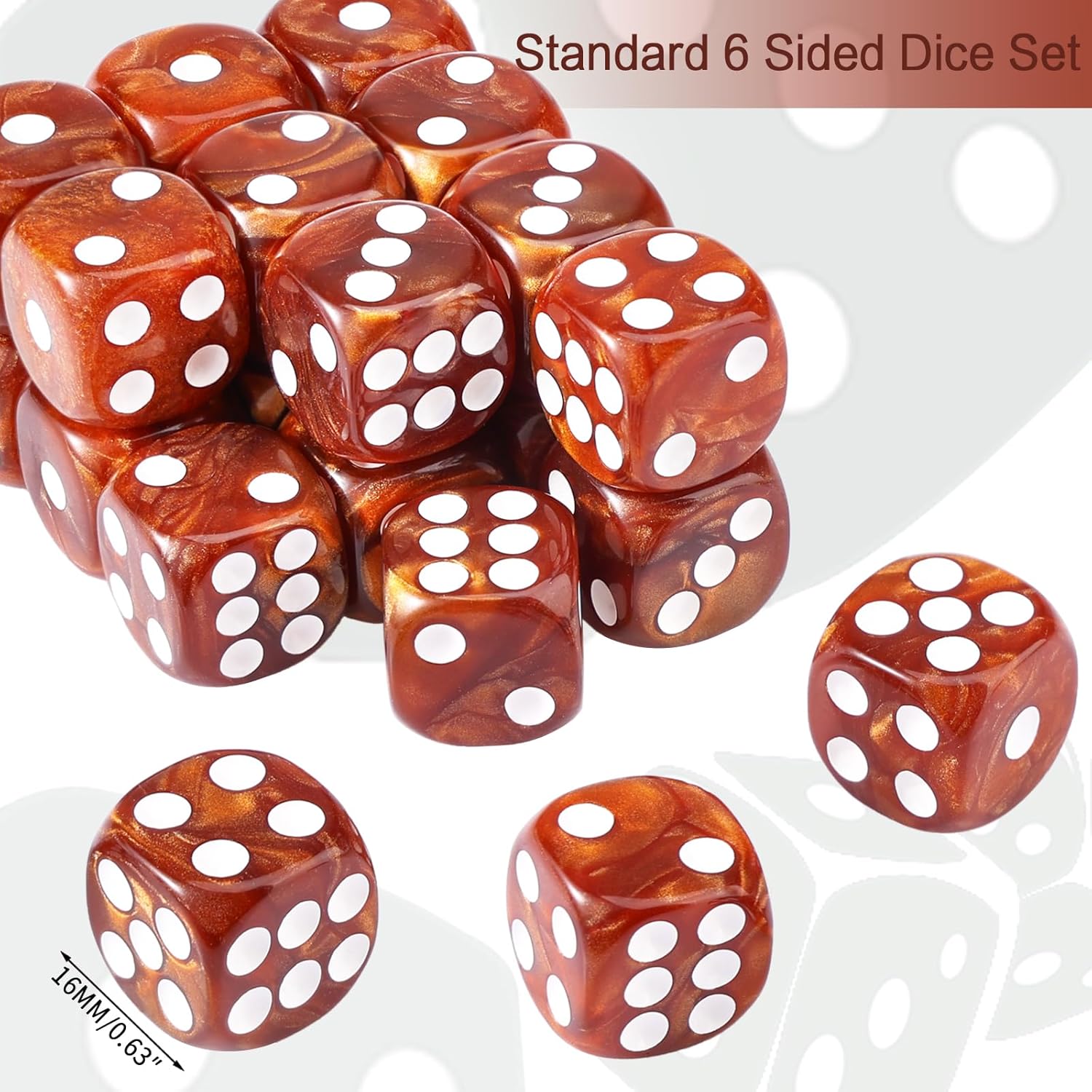 24 Piece Pearl Pattern Smooth Round Corner 16mm dice 6 Sided dice d6 dice Set for DND, MTG, Tenzi, Farkle, Bunco, Card Gaming & Math Learning with Portable Storage Pouch(Brown)