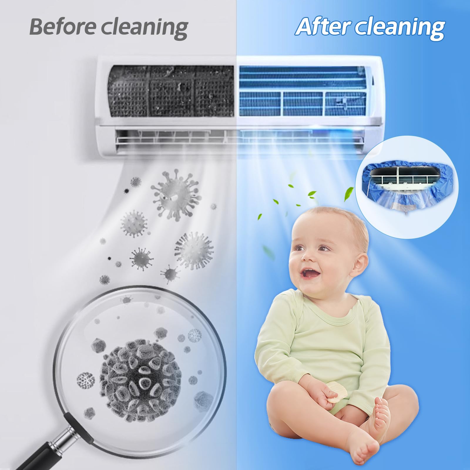 ZSPLIT-MAIR kit per pulizia split condizionatore,sacco per pulizia split condizionatore,kit pulizia climatizzatore split( 15pezzi, blu reale, taglia media: 68-98 cm/27,55-39,37 pollici)