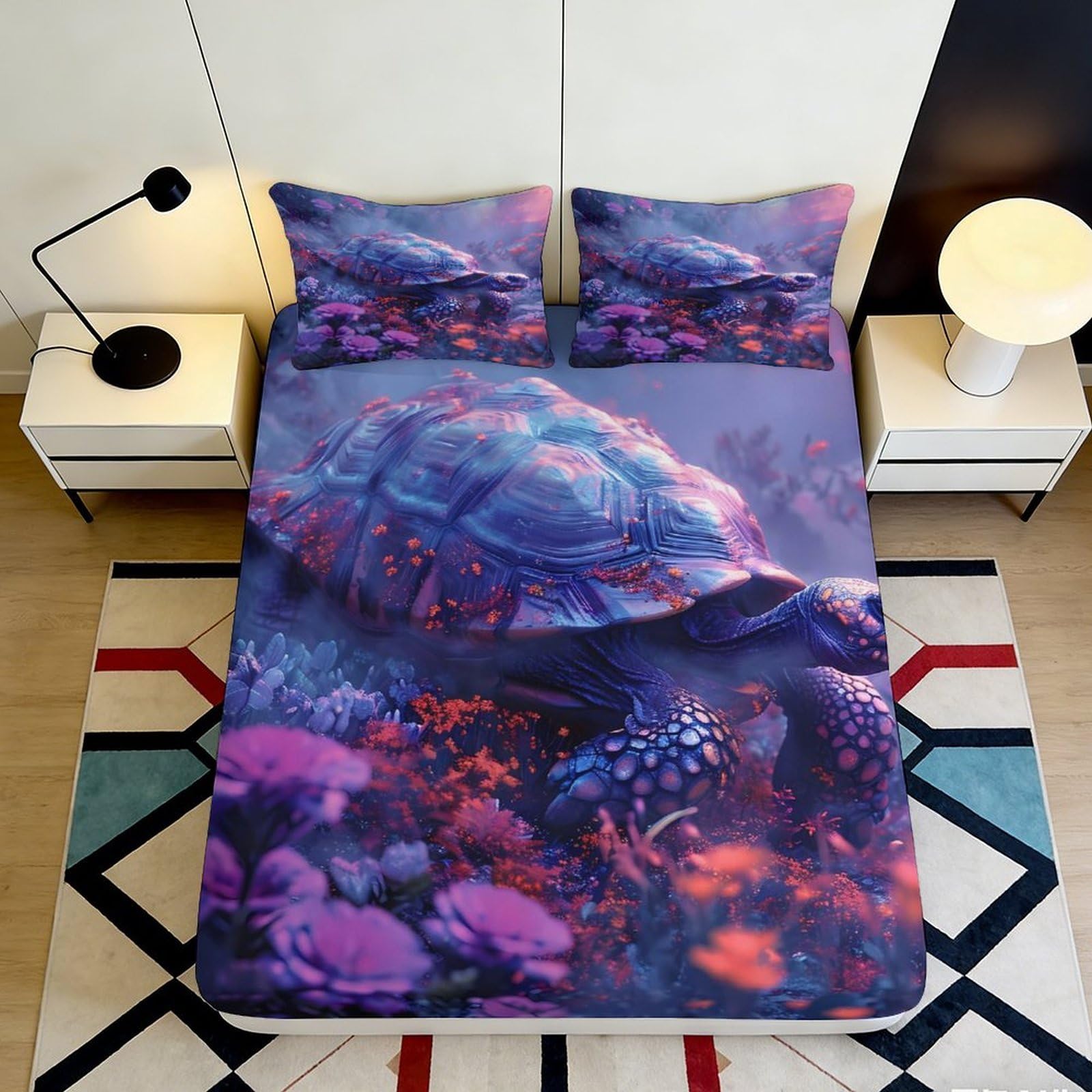 3D Printed Sea Turtle Pattern Fitted Sheet Microfiber Deep Pocket Non-Slip Elastic Hem Bedroom Bedding Mattress Fitted Cover for Adults Teens 90x200x25cm