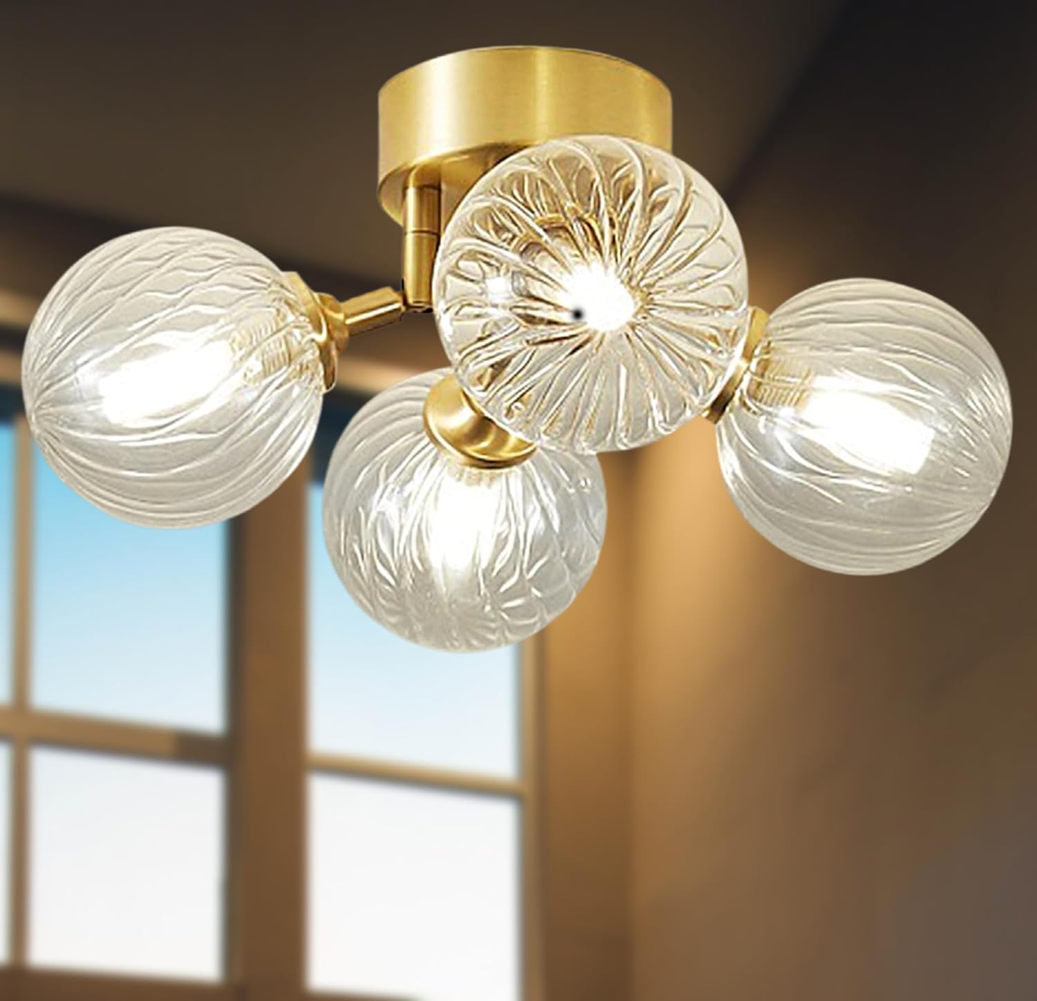 Light Fixtures Ceiling Mount, Gold Semi Flush Mount Ceiling Light, 4-Light Globe Glass Ceiling Light Fixture for Hallway Bedroom Kitchen Farmhouse Entryway Foyer (Bulb Incl.)