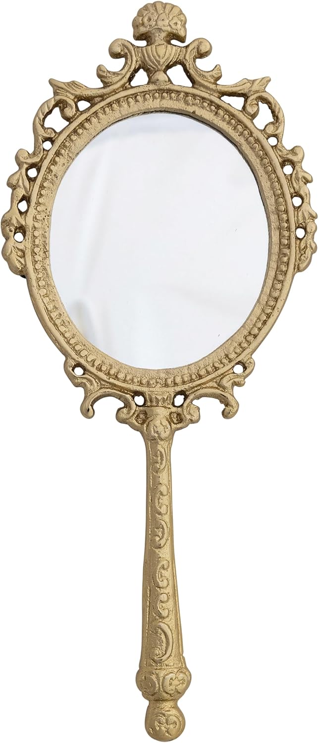 Creative Co-Op Embossed Metal Framed Hand Mirror, Antique Gold Finish