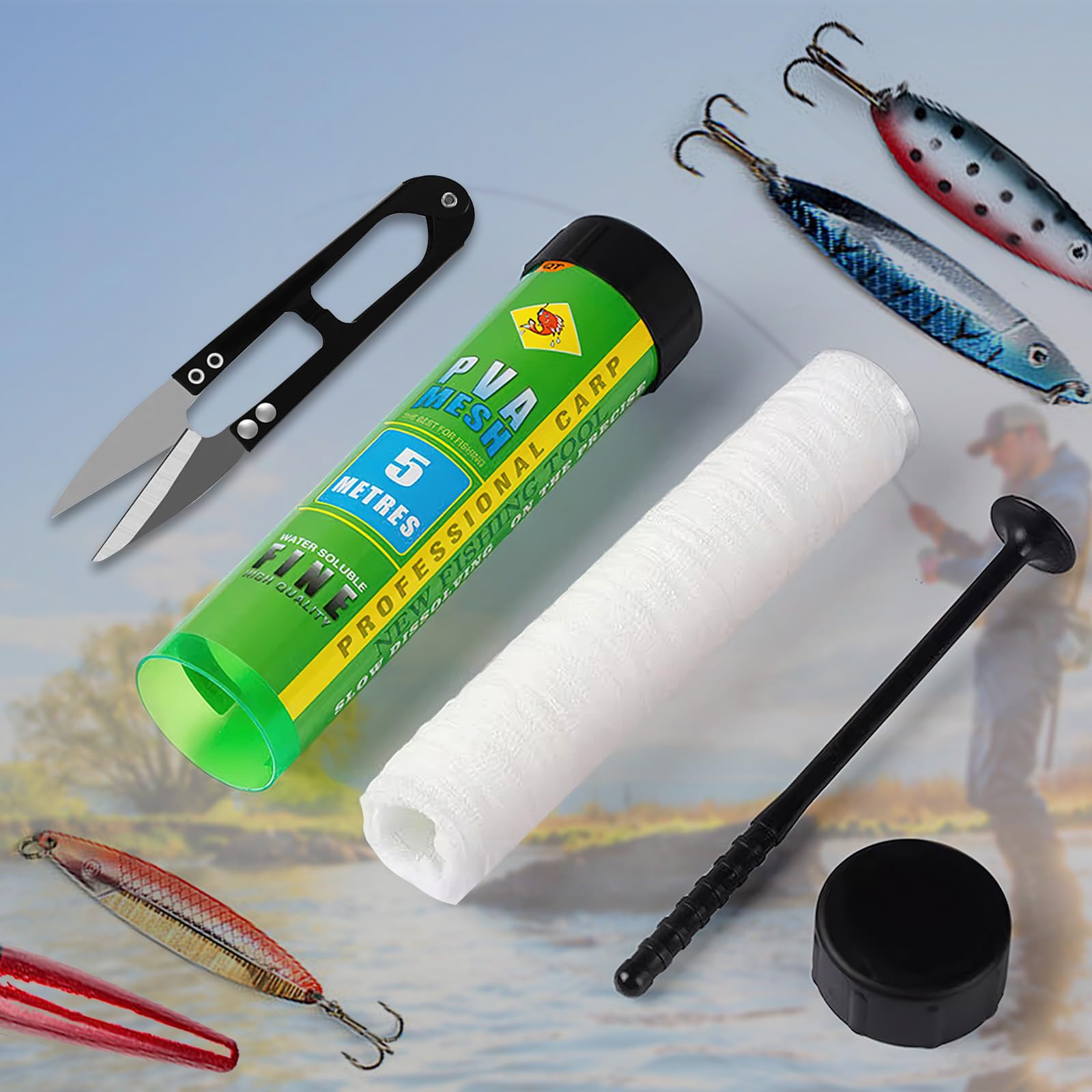 Red de Pesca de PVA de 5 m, 18/25/37 mm de Ancho, Bolsa de PVA con Tijeras, Juego de Malla de PVA de Fusión Rápida con Embudo y Pistón para Cebo de Boilie