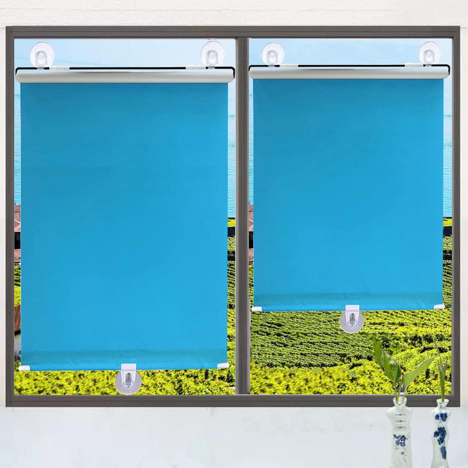 Kgudys Blue Suction Cup Roller Blinds,No-Drill Roller Blinds,Portable Balcony Curtains,Thermal Insulation And Sun Protection,Temporary Blinds For Windows And Doors,Many Sizes,-58X125cm/23X49in