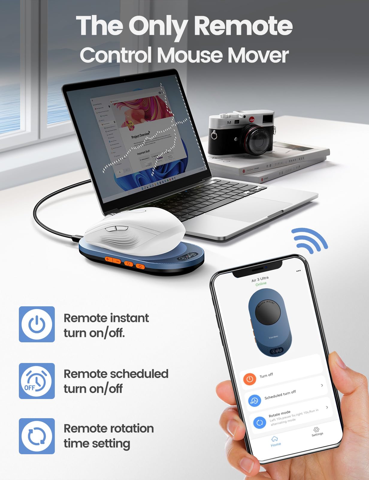 VAYDEER Air 3 Ultra Mouse Jiggler: niewykrywalna i cicha, aplikacja zdalnego sterowania z timerem, realistyczny symulator ruchu dla PC/zespołu, bezzałogowy, niebieska (edycja stealth)