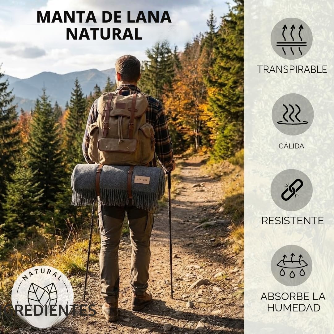 Menique Manta 100% Lana Merino Milan 125x180 cm Gris Oscuro, Gruesa A Cuadros Extra Fina Para Otoño