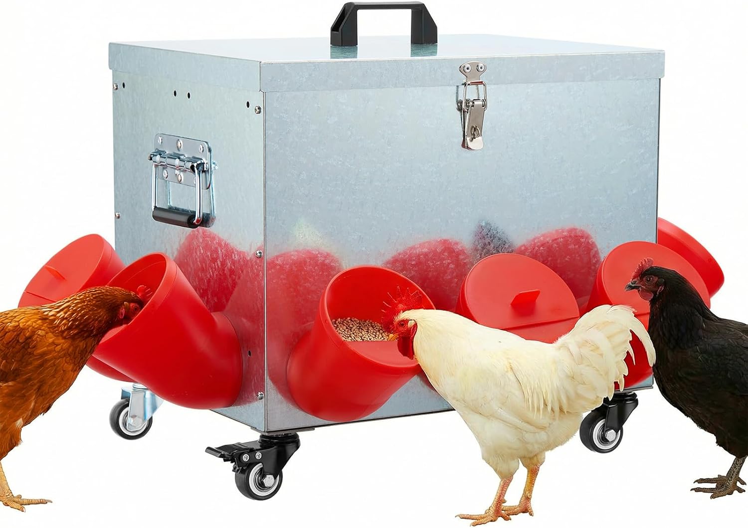 Magicfly 40lbs Metal Chicken Feeder on Wheels, Automatic Large Poultry Feeder Box with 10 Bell-Mouth Feeding Ports, No Waste Chicken Feeder with Latch & Handle for Ducks, Turkeys & Chickens