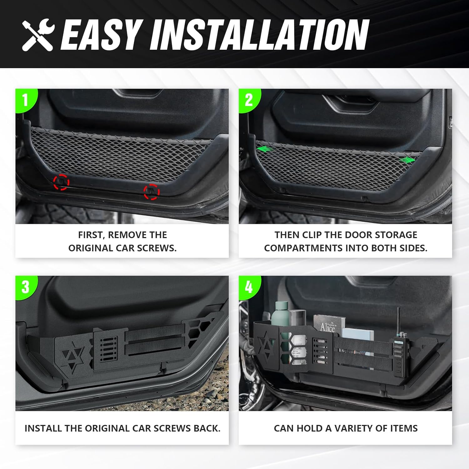 Front Door Storage Pockets Box Compatible with 2018-2026 Jeep Wrangler JL JLU 4XE & 2020-2026 Gladiator JT for Manual/Power Seats, Side Door Insert Organizer Molle Panels Accessories (2PCS)