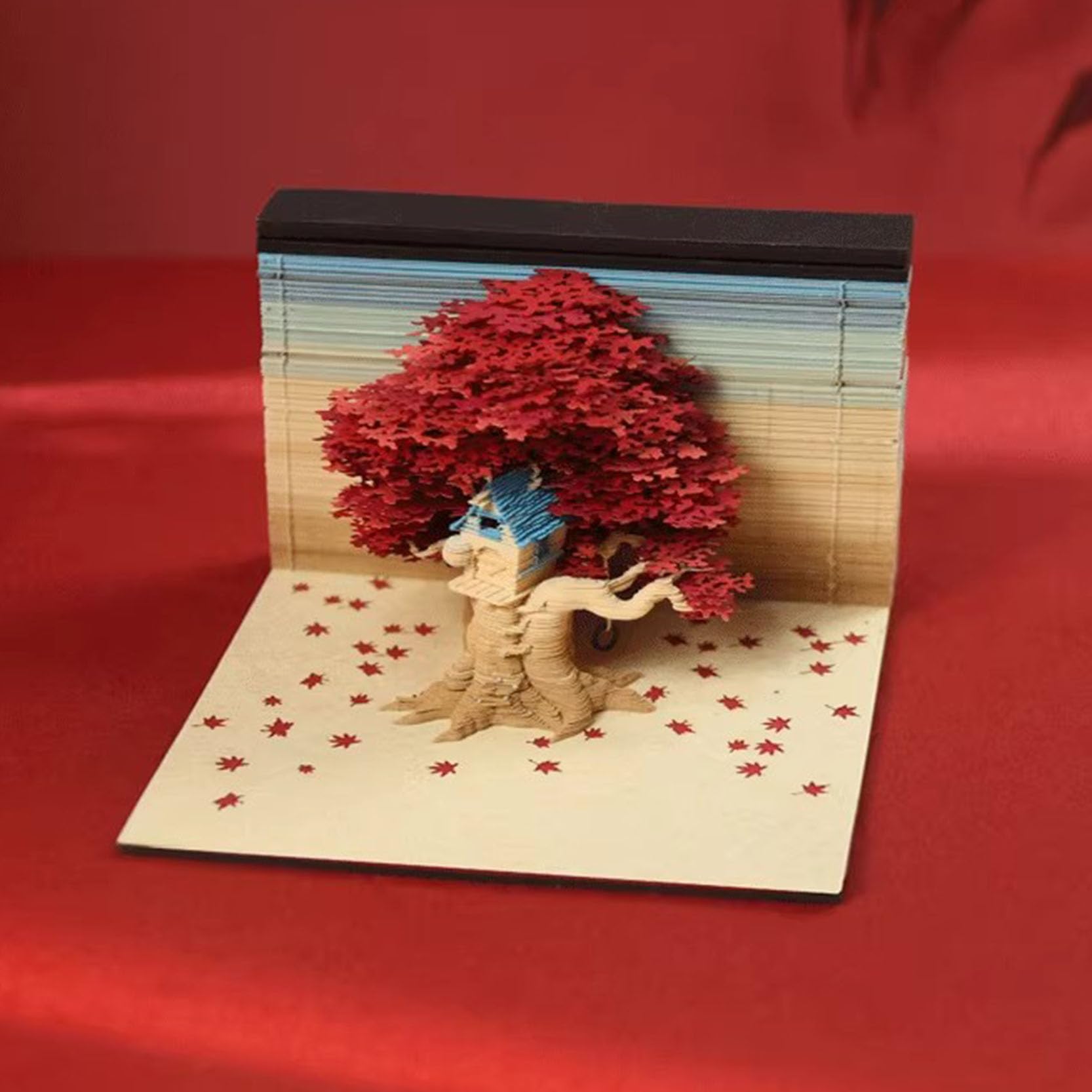 Abreißkalender 2024, Notizblock, 3D-Kalender 2024, Notizblock mit LED-Lichtern, Baumhaus-Papierschnitzerei, Haftnotizen, Kunst-Schreibtischkalender for den Home-Office-Desktop, 9,5 x 9,5 x 6,5 cm,B (