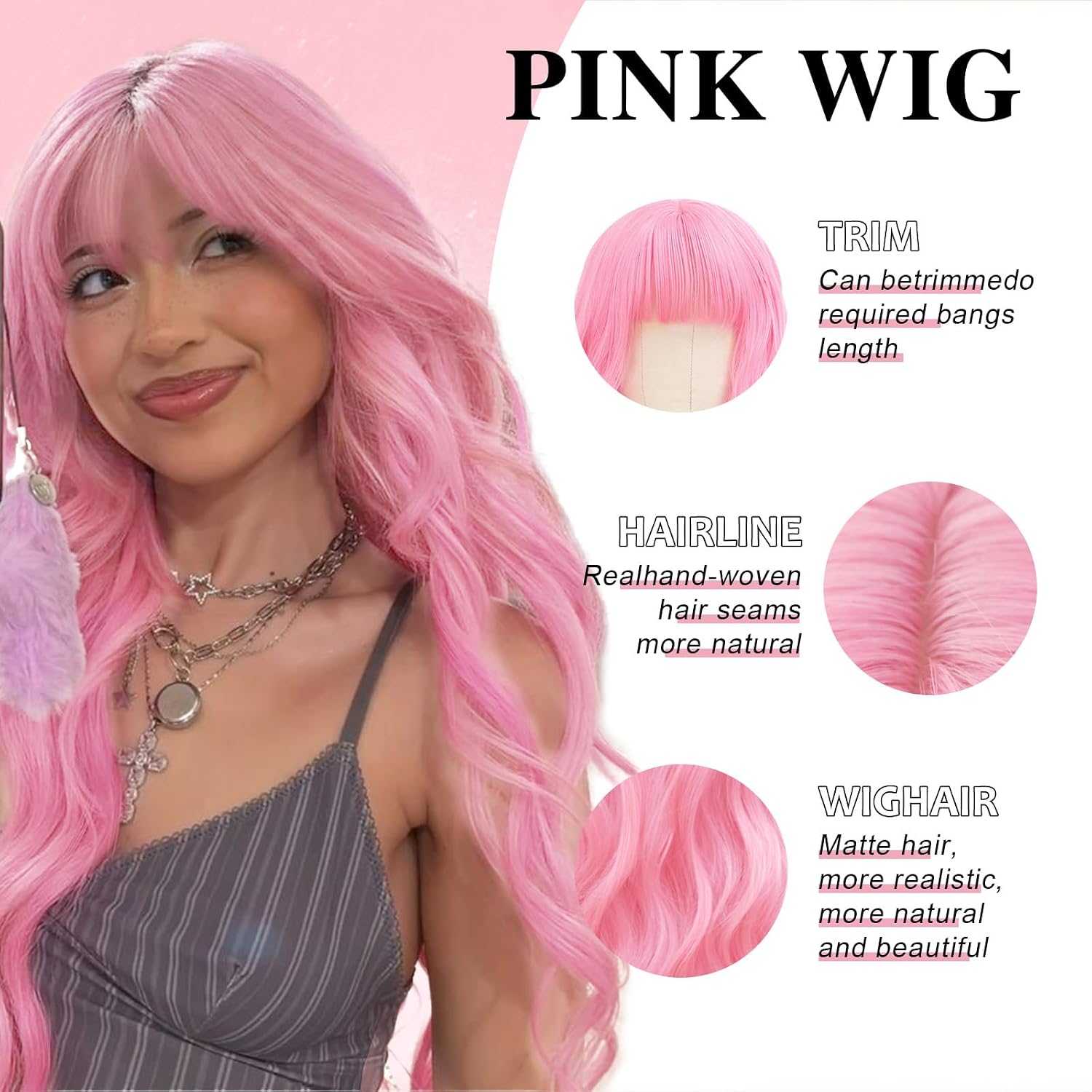 NOSTALGIA Pink Wig With Bangs Hot Pink Wigs for Women 26nch Heat Resistant Synthetic Hair, Natural Curly Synthetic Wig for Party Cosplay Daily Use