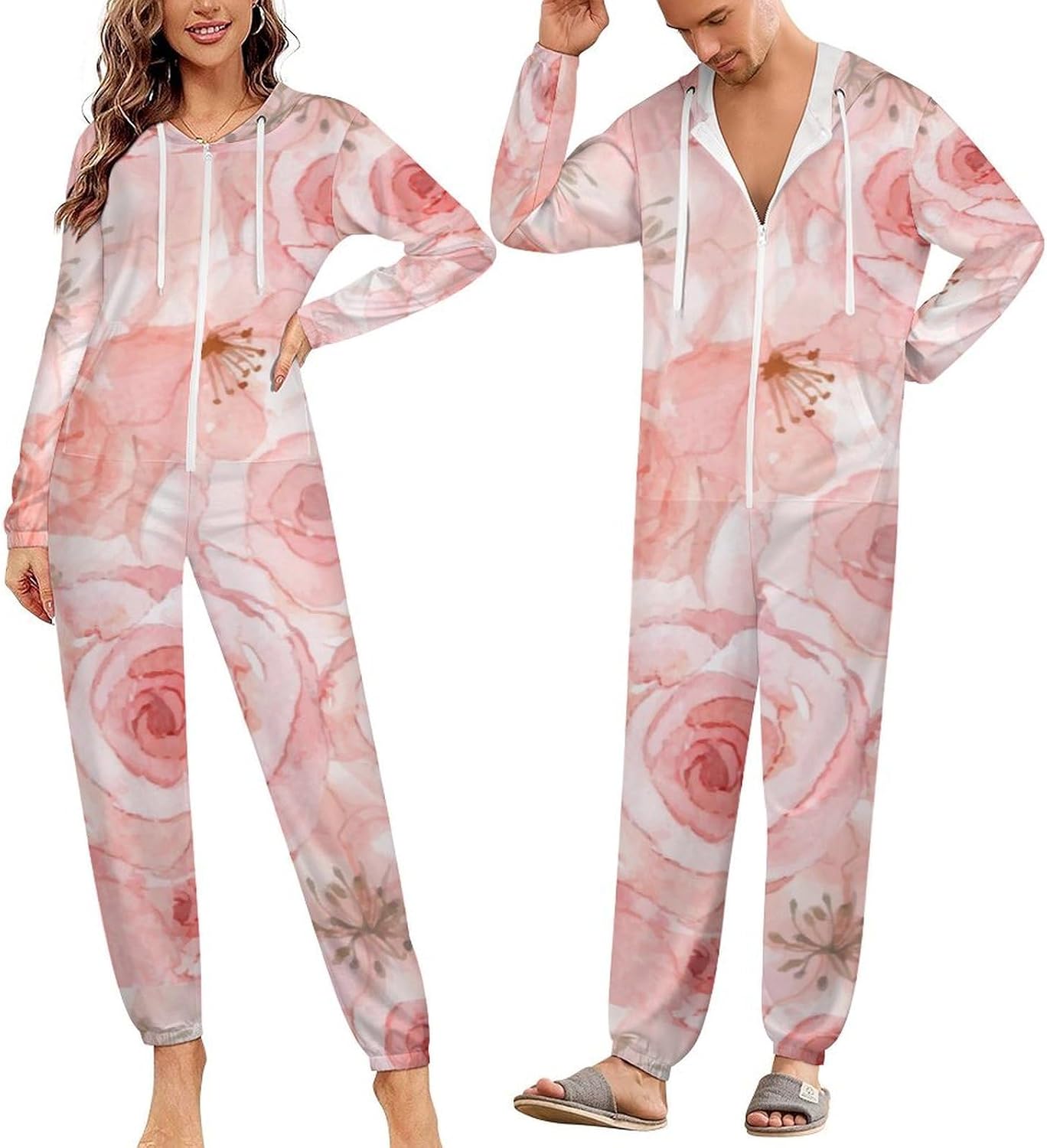 Watercolor Rose Onesie Pajamas for Women/Men Long Sleeves Funny One-Piece Costume Hooded Zip-up Homewear