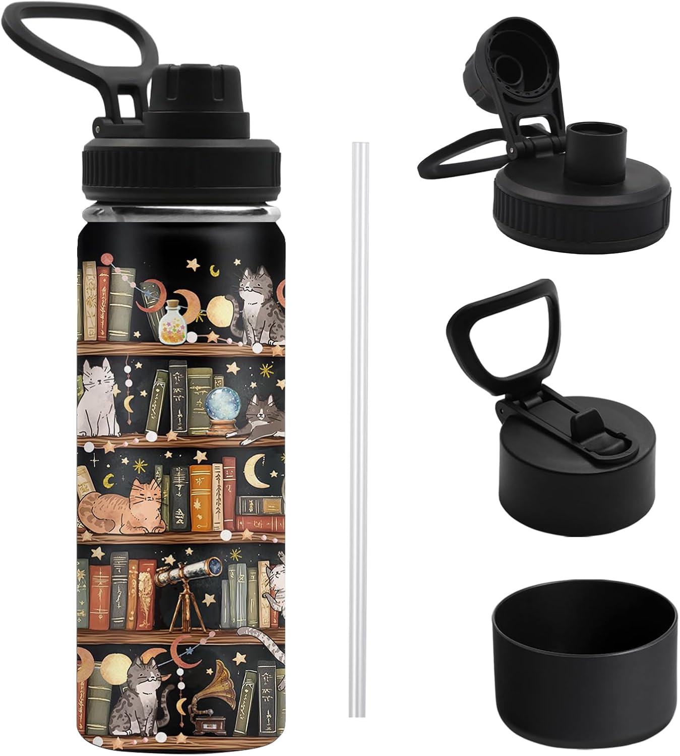 Booklover Gifts for Women, Library Cat 18oz Water Bottle, Bookish Gifts for Readers Librarian, 18oz Leak-proof Tumbler for Friend, Book Accessories Travel Mug with 2 Lids & Antislip Boot