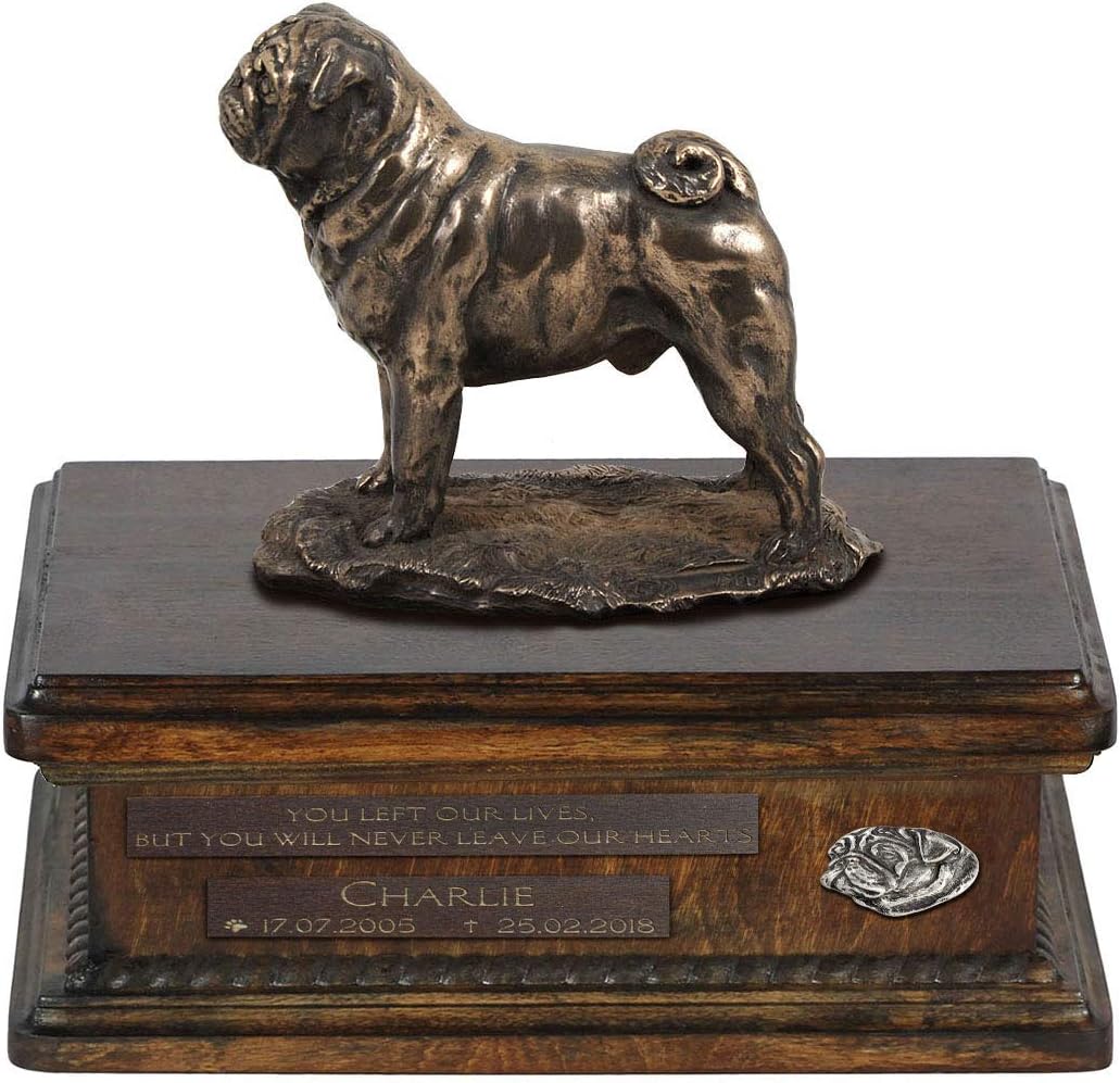 Art-Dog Custom Dog Sitting Statue Memorial Urn - Handmade Cold Cast Bronze on Birch Base – Sturdy and Stylish Urn for Dog’s Ashes – 8.3x11.4x8.7 – 5l – Pug