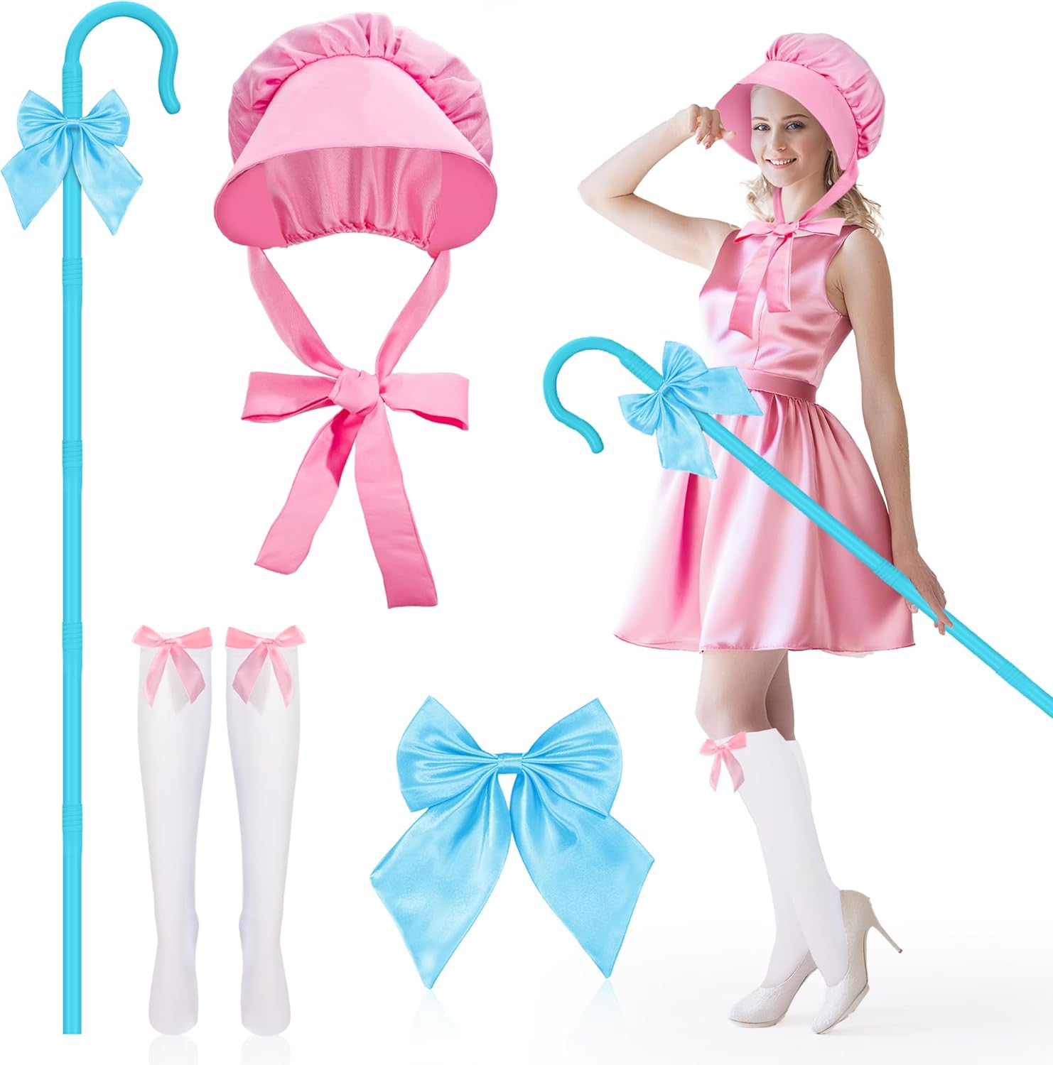Halloween Shepherdess Costume Accessories with 63.4" Shepherds Hook Prop Staff Bow Knee-High Stockings for Women Party
