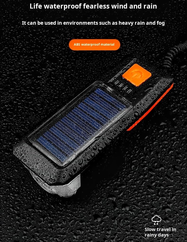 Batería multifuncional con energía solar y recargable por USB, para bicicleta de montaña, ciclismo nocturno, luz de alto brillo, luz delantera y luz de carga de bicicleta de 120 dB