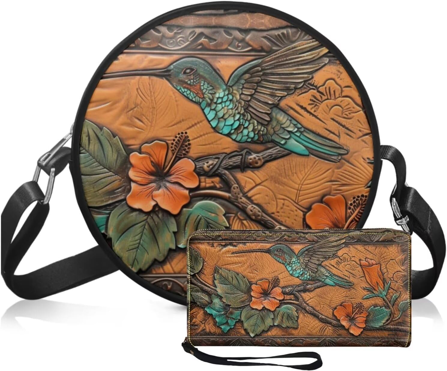 Circle Purse Set for Women Girls, PU Round Crossbody Bag with PU Wallet for Party Work