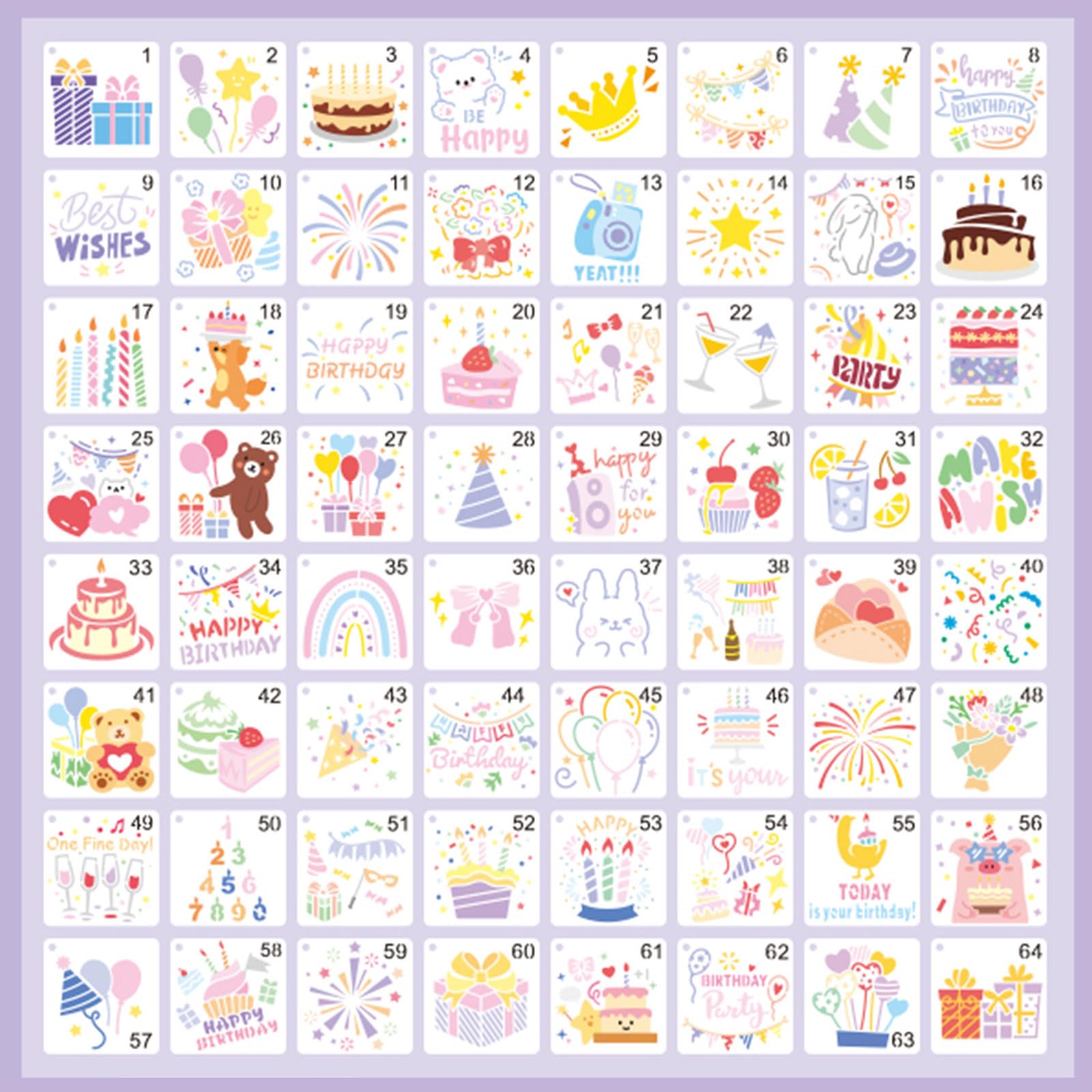 64 Pcs Stencils for Crafts Reusable Stencils for Painting 7.6CM/3inch Reusable Openwork Nature Paintings Templates Openwork Painting Stencil for DIY Crafts Journal (Happy Birthday)
