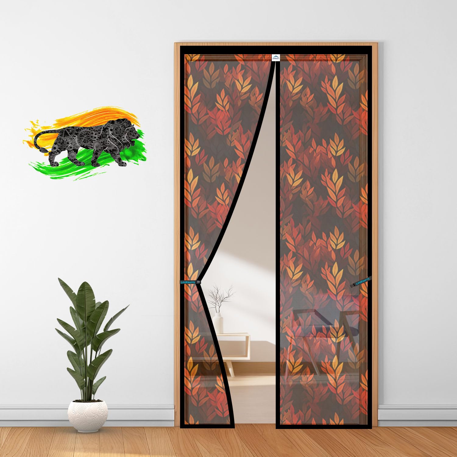 LifeKrafts Polyester Magnetic Door Mosquito Net | Leaf Pattern with Black/Blue | Auto-Close Curtain to Keep Mosquitoes, Flies & Insects Out |Fits 190 x 80 cm Doors